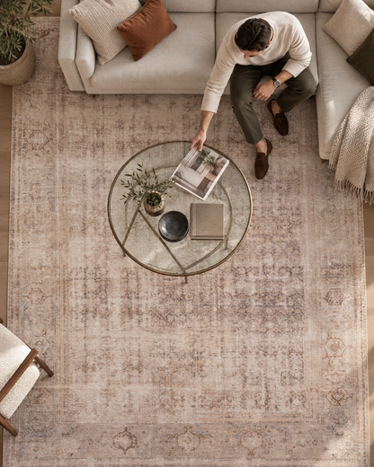 Amber Lewis x Loloi Georgie GER-02 Ocean Sand Style Shot — Ocean sand area rug in a styled interior.
