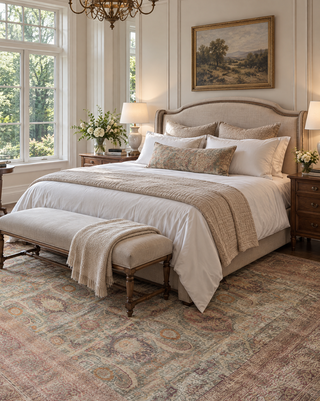 Amber Lewis x Loloi Georgie GER-03 Jade Sunset Bedroom — Jade sunset area rug in a bedroom.