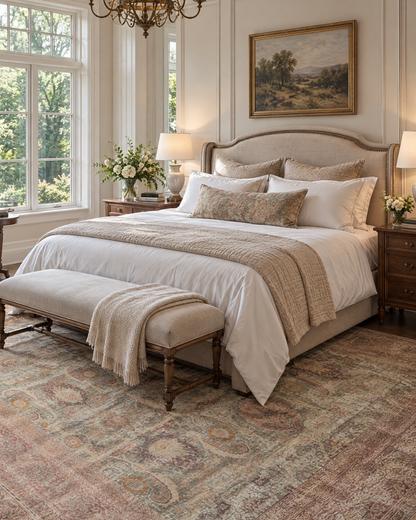 Amber Lewis x Loloi Georgie GER-03 Jade Sunset Bedroom — Jade sunset area rug in a bedroom.