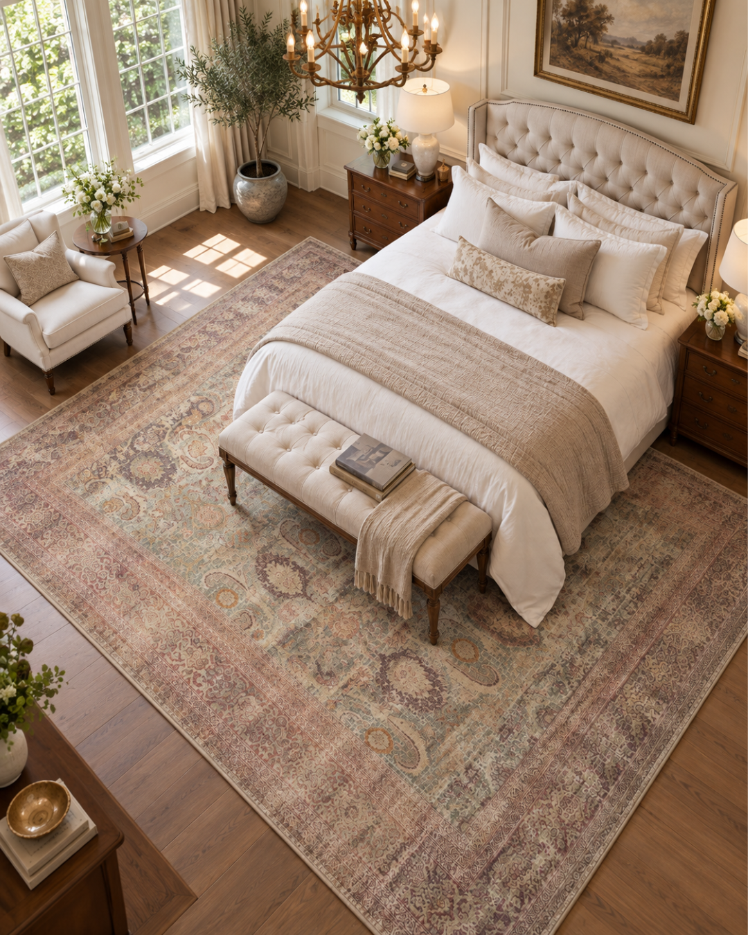 Amber Lewis x Loloi Georgie GER-03 Jade Sunset Bedroom Overhead Shot — Overhead view of a jade sunset area rug in a bedroom.