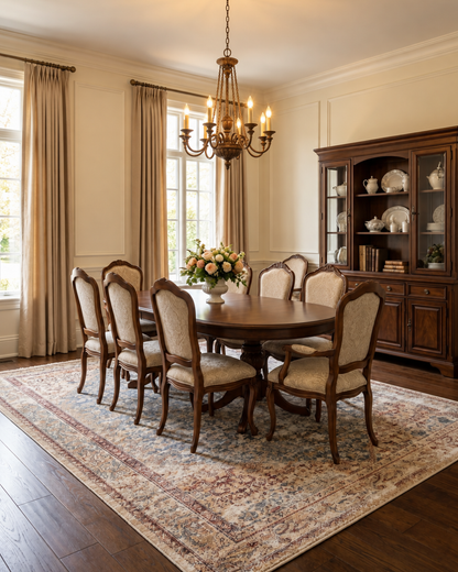 Amber Lewis x Loloi Georgie GER-04 Teal Antique Dining Room — Teal antique area rug in a dining room.