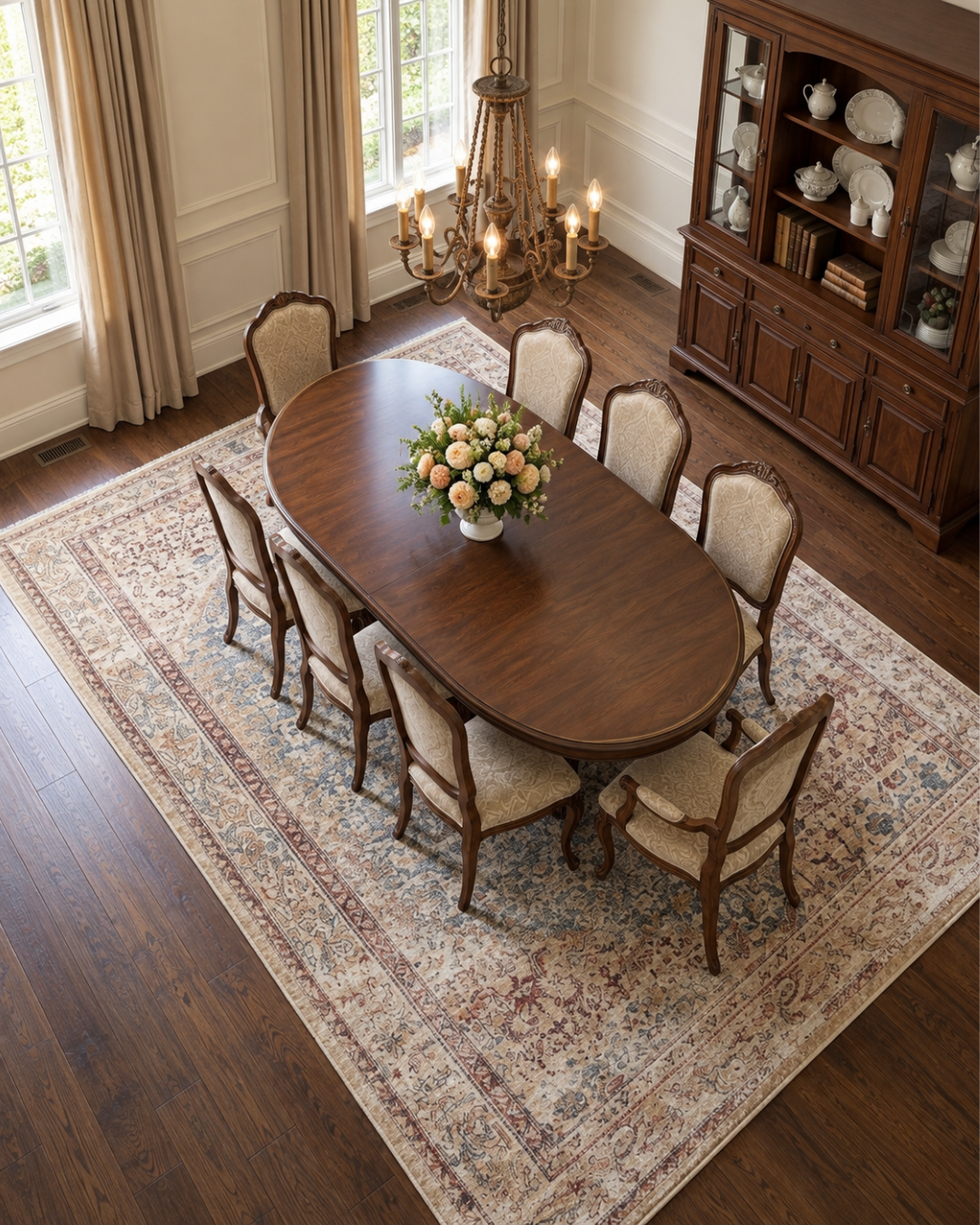Amber Lewis x Loloi Georgie GER-04 Teal Antique Dining Room Overhead Shot — Overhead view of a teal antique area rug in a dining room.