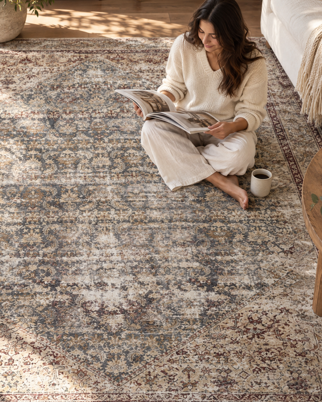 Amber Lewis x Loloi Georgie GER-04 Teal Antique Style Shot — Teal antique area rug in a styled interior.