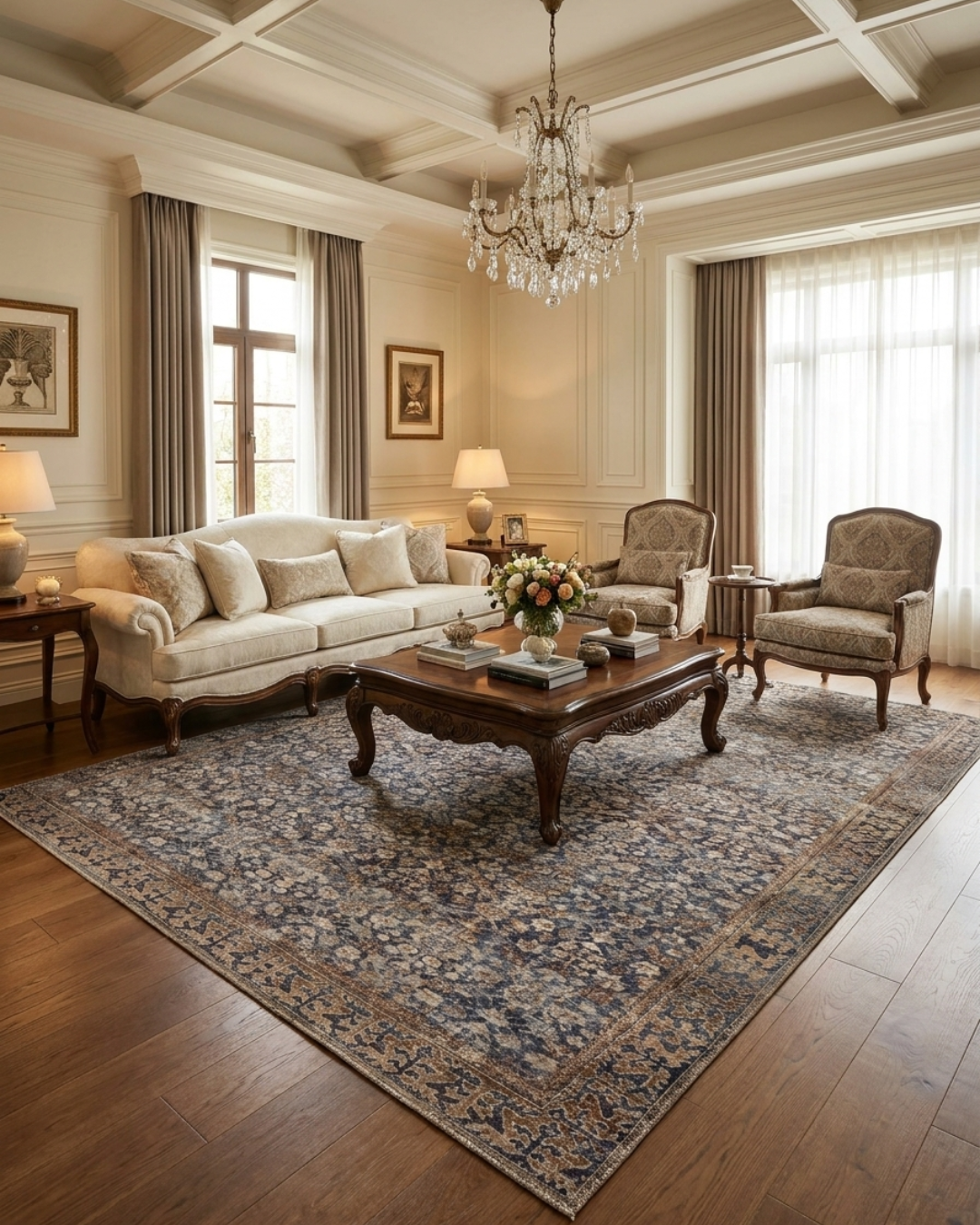 Amber Lewis x Loloi Georgie GER-05 Denim Spice Living Room — Denim spice area rug in a living room.