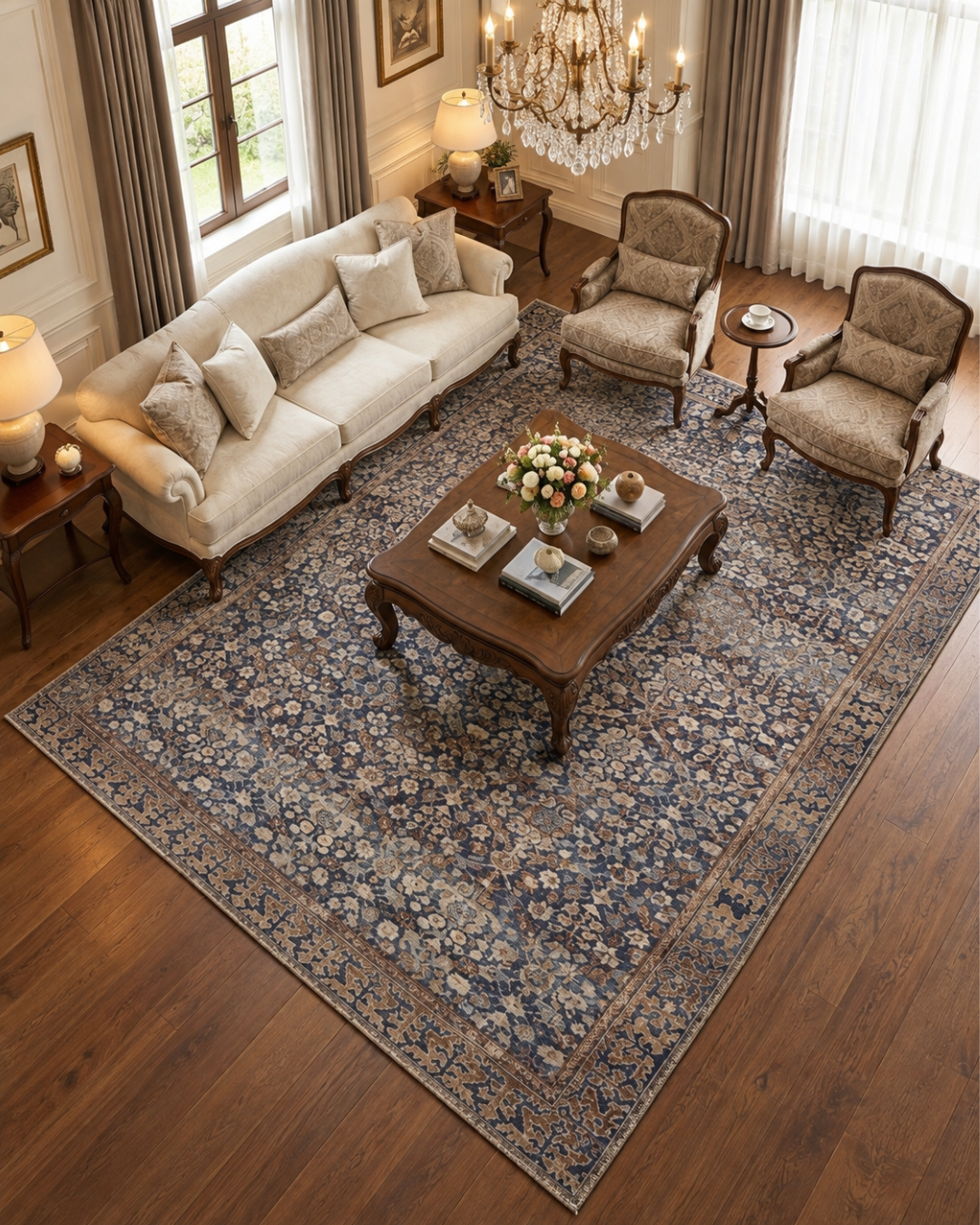 Amber Lewis x Loloi Georgie GER-05 Denim Spice Living Room Overhead Shot — Overhead view of a denim spice area rug in a living room.