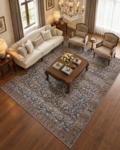 Amber Lewis x Loloi Georgie GER-05 Denim Spice Living Room Overhead Shot — Overhead view of a denim spice area rug in a living room.