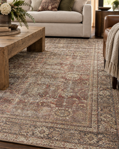 Amber Lewis x Loloi Georgie GER-06 Bordeaux Antique Style Shot — Bordeaux antique area rug in a styled interior.