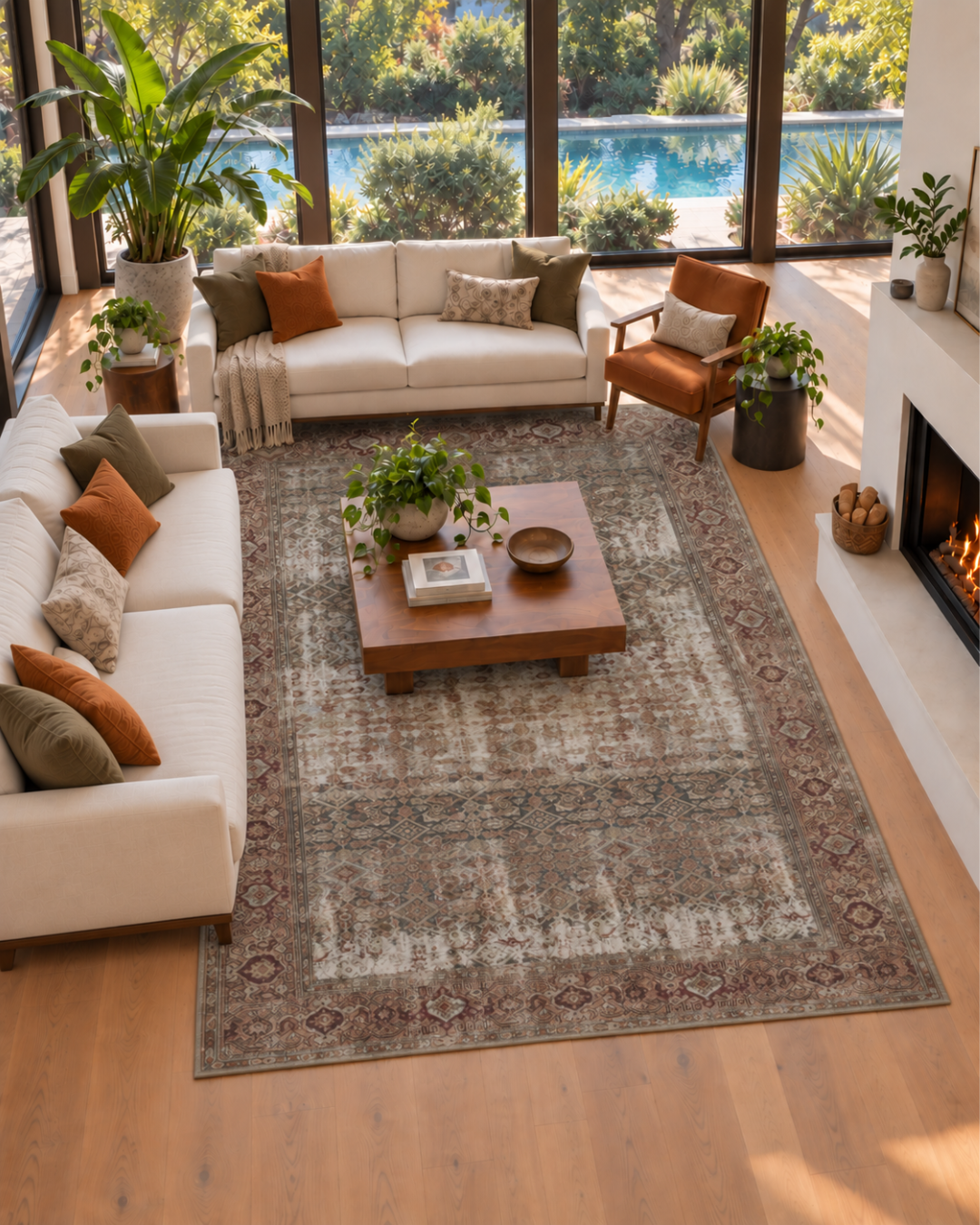 Amber Lewis x Loloi Georgie GER-07 Living Room Overhead Shot — Overhead view of a Georgie GER-07 area rug in a living room.