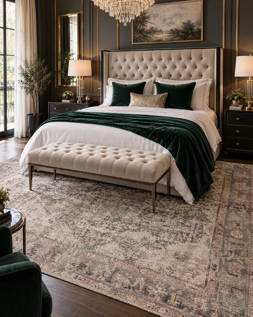 Amber Lewis x Loloi Georgie GER-08 Lagoon Beige Bedroom — Lagoon beige area rug in a bedroom.