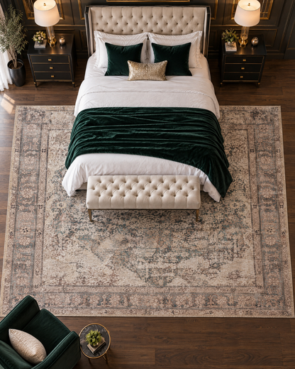 Amber Lewis x Loloi Georgie GER-08 Lagoon Beige Bedroom Overhead Shot — Overhead view of a lagoon beige area rug in a bedroom.