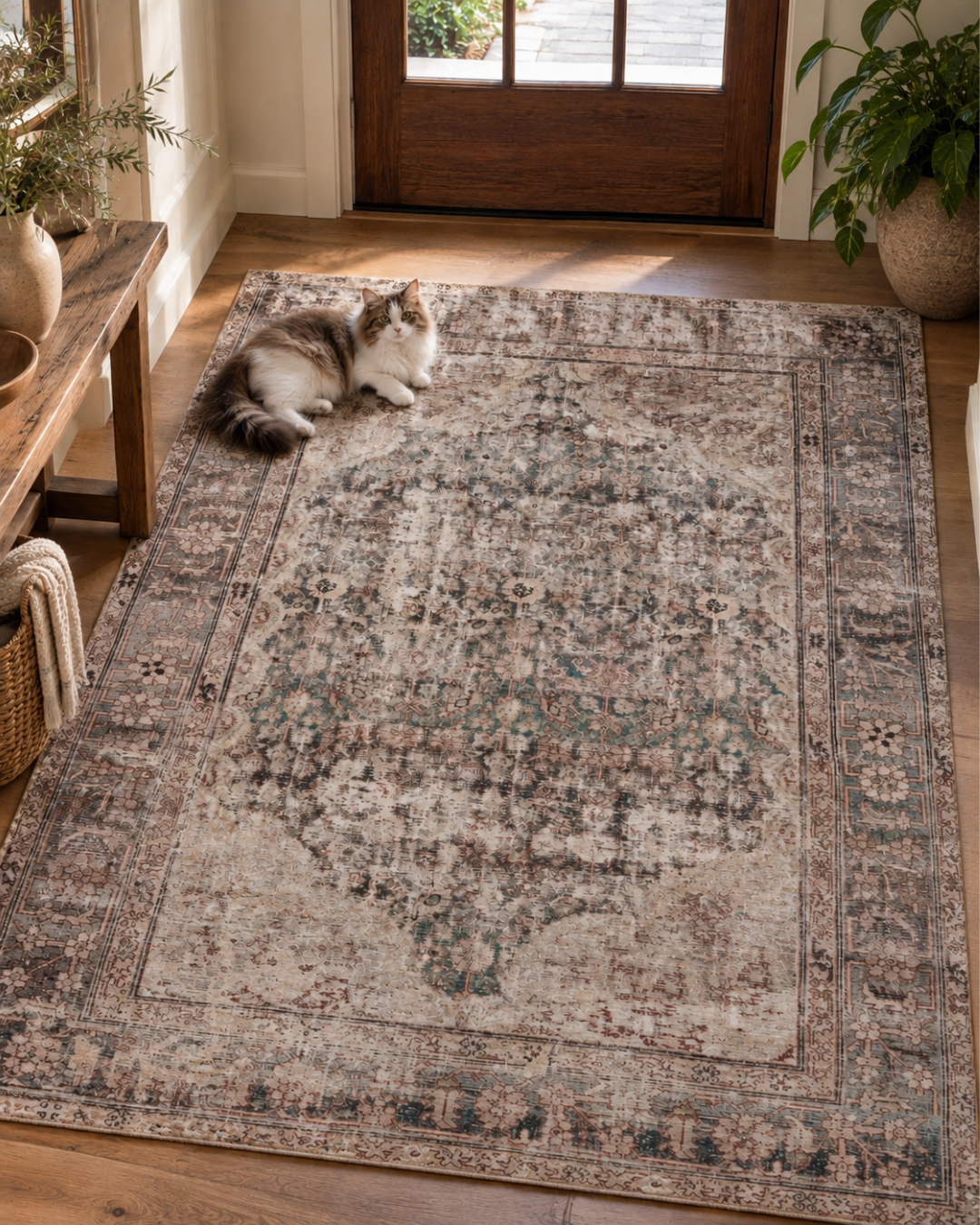 Amber Lewis x Loloi Georgie GER-08 Lagoon Beige Style Shot — Lagoon beige area rug in a styled interior.