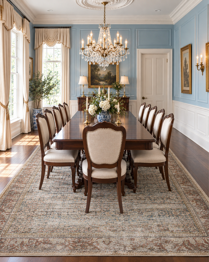 Amber Lewis x Loloi Georgie GER-09 Multi Spice Dining Room — Multi spice area rug in a dining room.