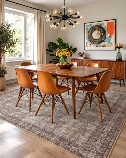 Amber Lewis x Loloi Georgie GER-10 Moss Bark Dining Room — Moss bark area rug in a Dining room.