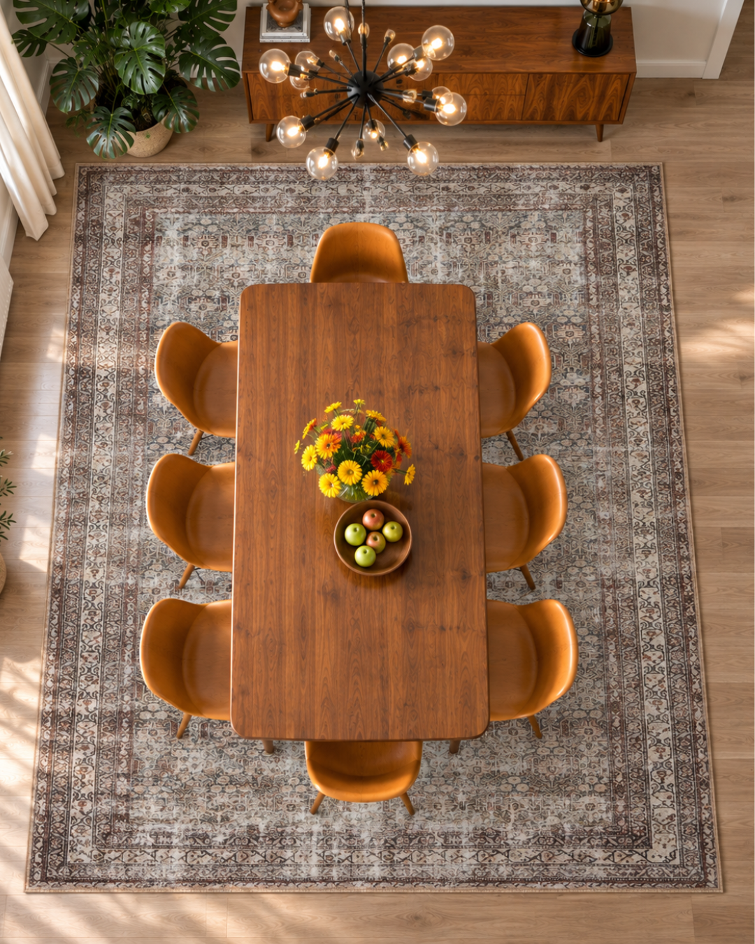 Amber Lewis x Loloi Georgie GER-10 Moss Bark Dining Room Overhead Shot — Overhead view of a moss bark area rug in a Dining room.