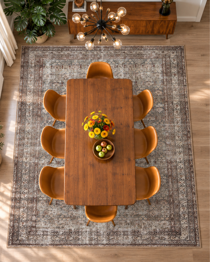 Amber Lewis x Loloi Georgie GER-10 Moss Bark Dining Room Overhead Shot — Overhead view of a moss bark area rug in a Dining room.
