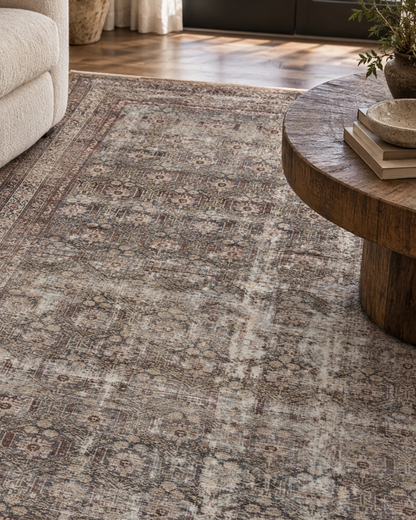 Amber Lewis x Loloi Georgie GER-10 Moss Bark Style Shot — Moss bark area rug in a styled interior.