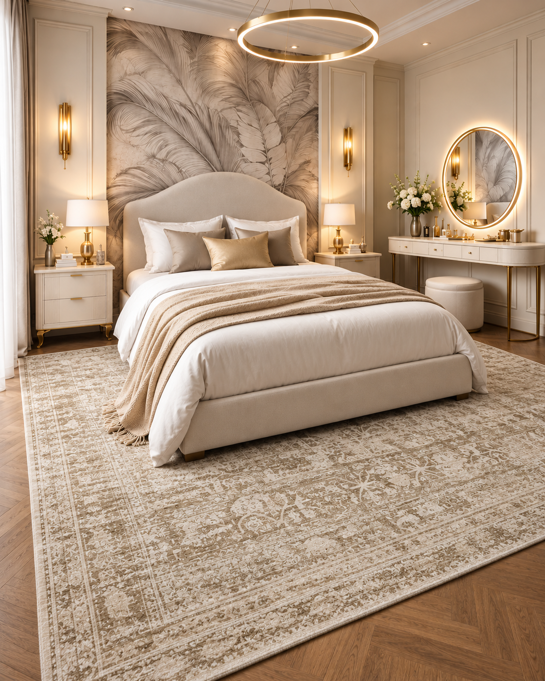 Amber Lewis x Loloi Honora HON-01 Khaki Beige Bedroom — Khaki beige floral area rug in an elegant bedroom with cream furnishings.