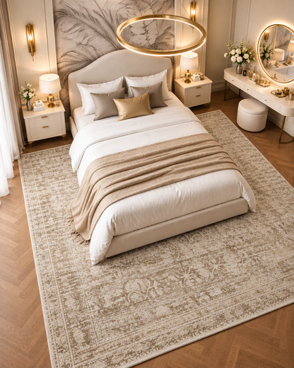 Amber Lewis x Loloi Honora HON-01 Khaki Beige Bedroom Overhead Shot — Overhead view of a khaki beige traditional rug beneath an upholstered bed.