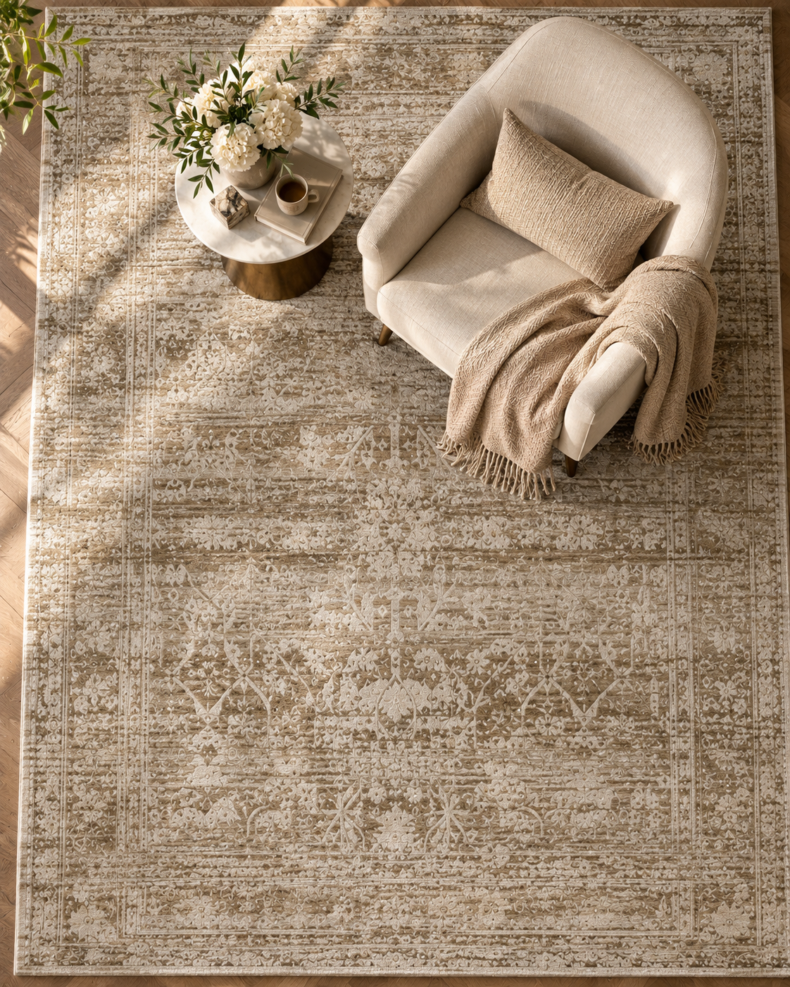 Amber Lewis x Loloi Honora HON-01 Khaki Beige Style Shot — Khaki beige traditional rug beneath a cream armchair and round side table.