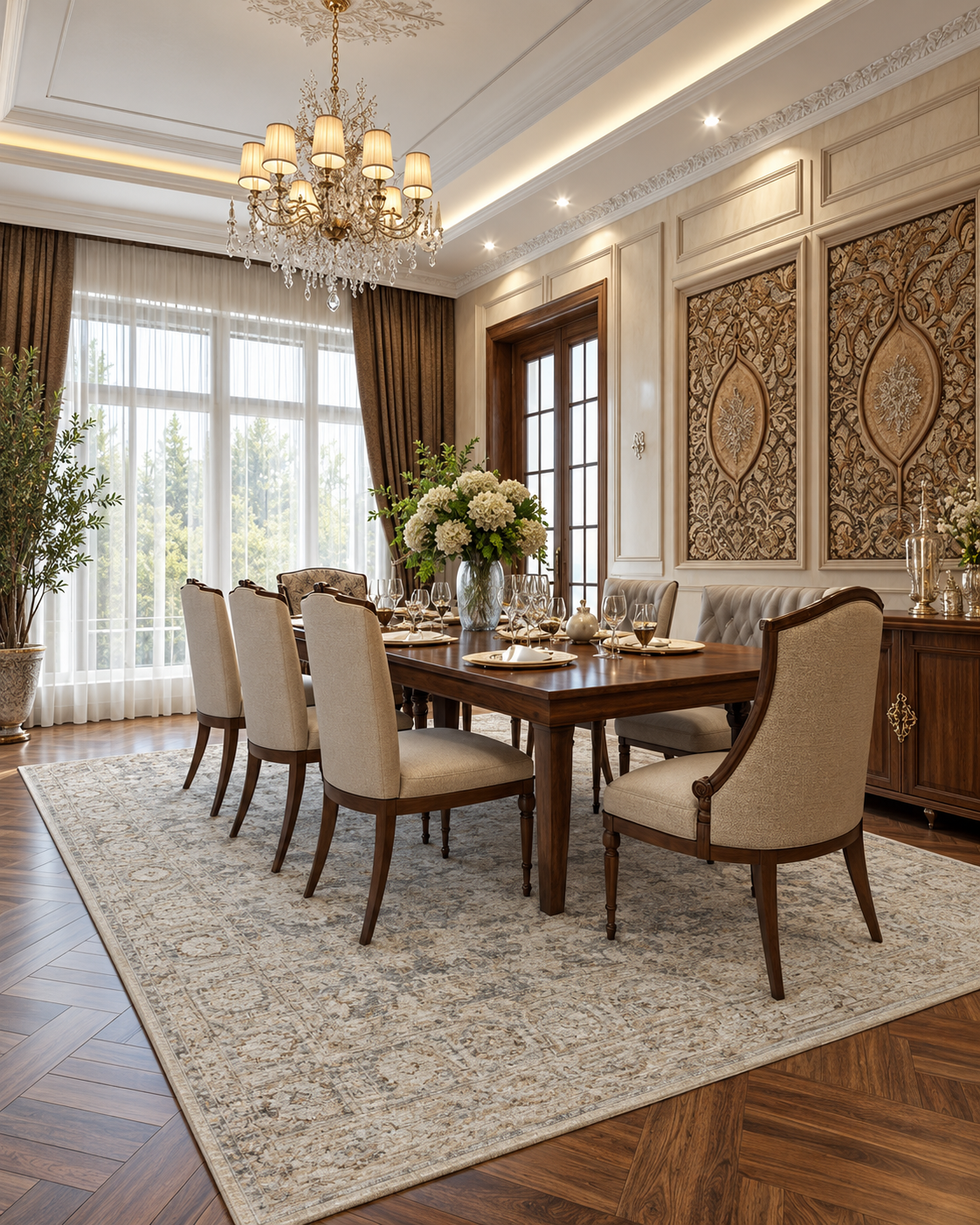 Amber Lewis x Loloi Honora HON-02 Slate Beige Dining Room — Slate beige traditional area rug in a formal dining room with upholstered chairs.