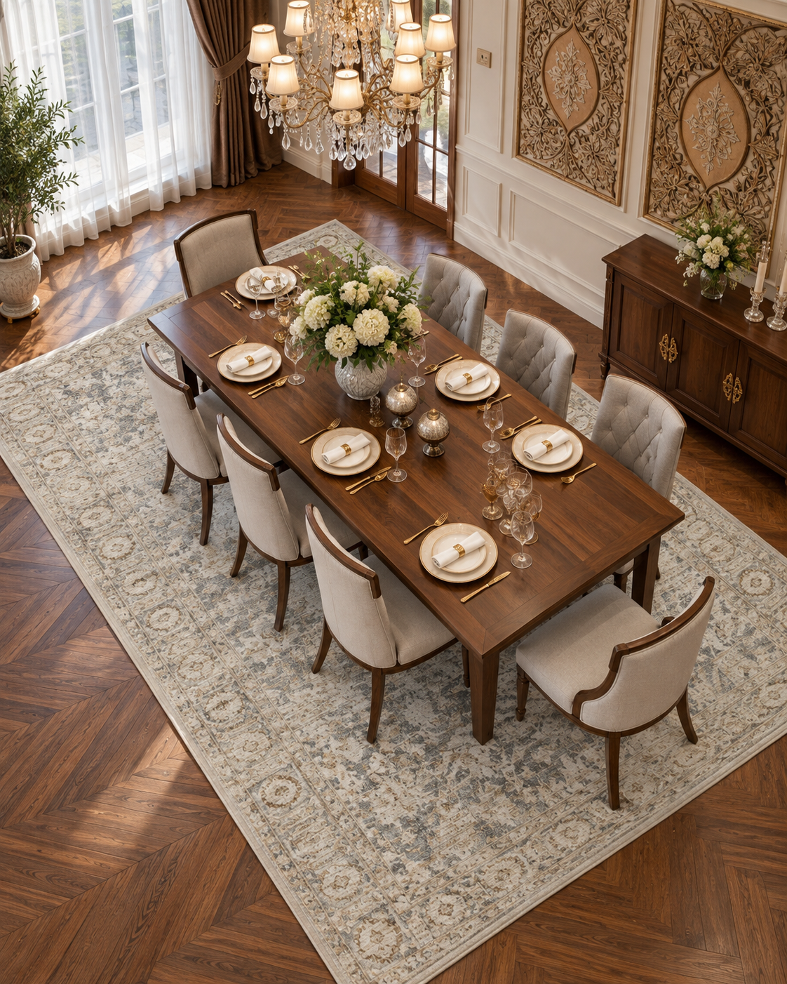 Amber Lewis x Loloi Honora HON-02 Slate Beige Dining Room Overhead Shot — Overhead view of a slate beige patterned rug beneath a wooden dining table.