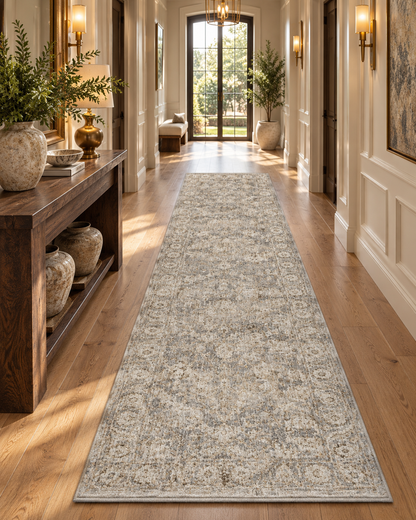 Amber Lewis x Loloi Honora HON-02 Slate Beige Style Shot — Slate beige traditional runner rug in a bright hallway with wood flooring.