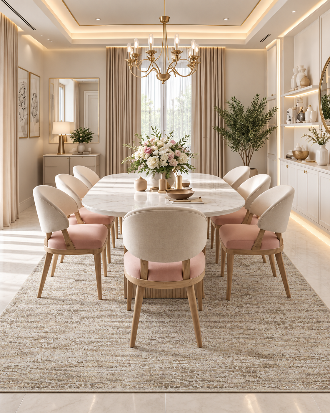 Amber Lewis x Loloi Honora HON-04 Bark Dove Dining Room — Bark dove distressed rug with an oval table and blush dining chairs.