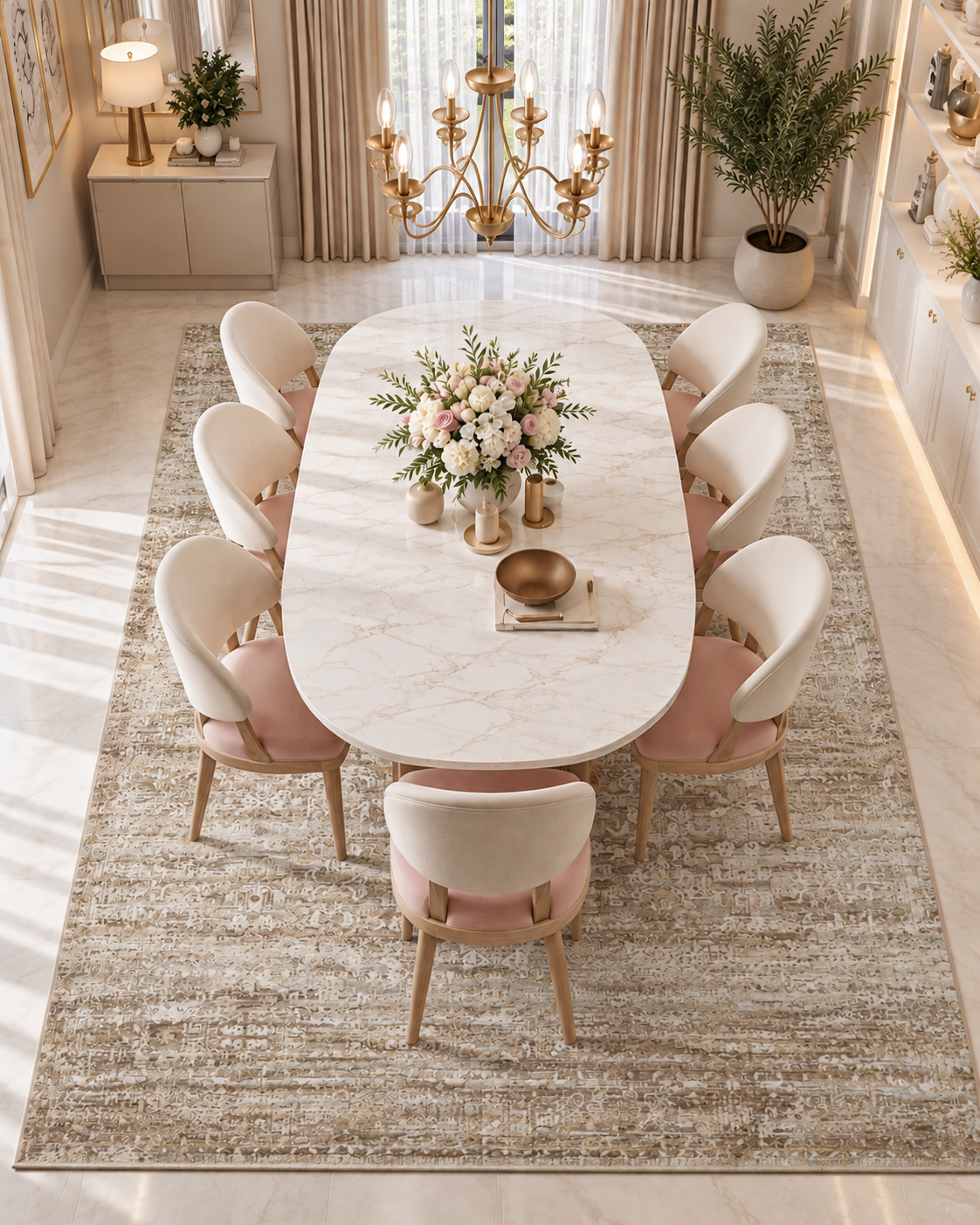 Amber Lewis x Loloi Honora HON-04 Bark Dove Dining Room Overhead Shot — Overhead view of a bark dove rug beneath an oval dining table.