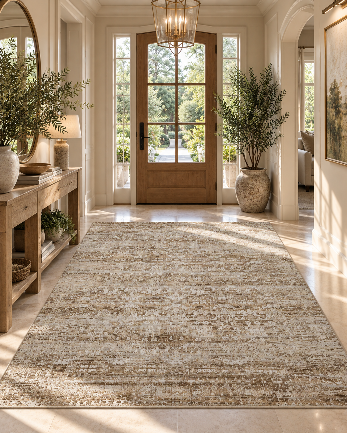 Amber Lewis x Loloi Honora HON-04 Bark Dove Style Shot — Distressed brown and dove rug in a sunlit entryway.