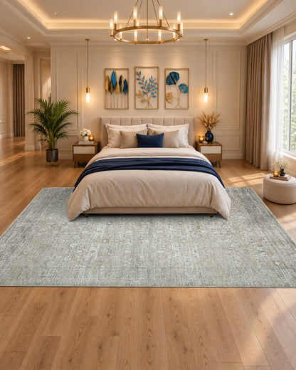 Amber Lewis x Loloi Honora HON-04 Grey Beige Bedroom — Grey and beige subtly patterned rug framing a cream bed in a bright bedroom.
