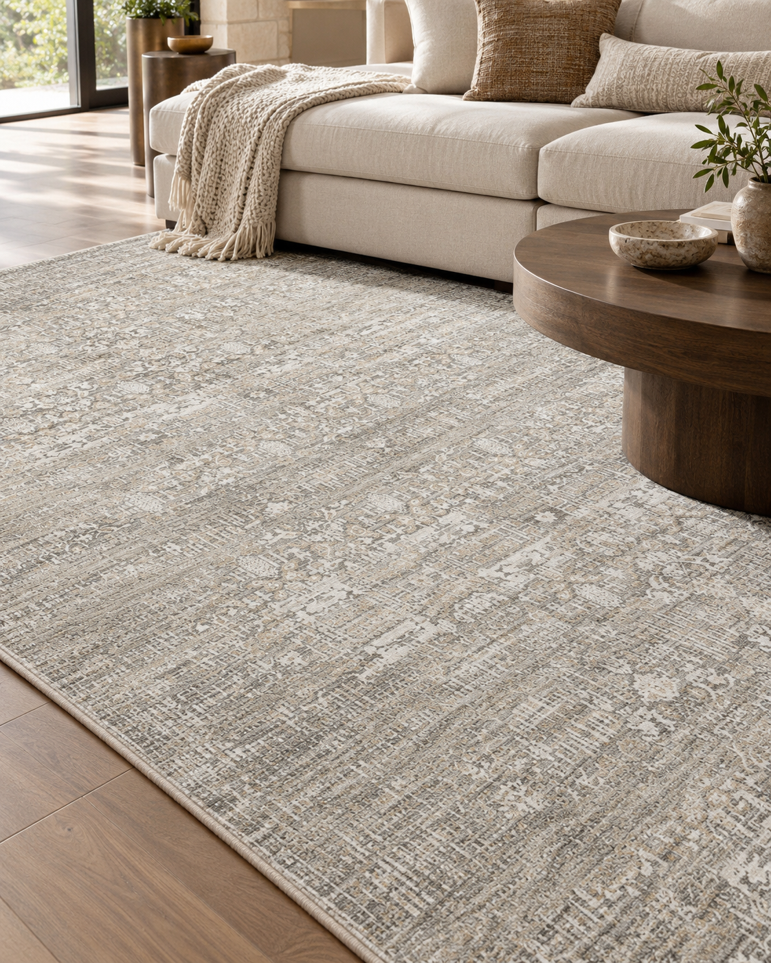 Amber Lewis x Loloi Honora HON-04 Grey Beige Style Shot — Grey beige distressed rug corner beside a cream sofa and wood coffee table.