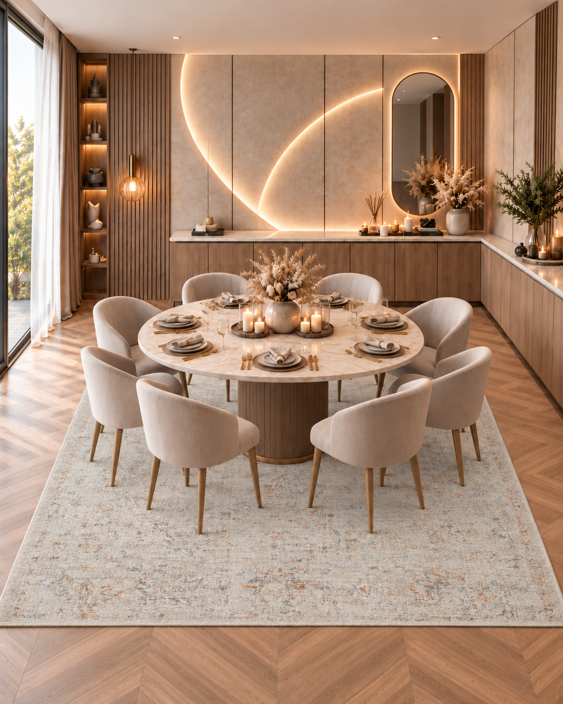 Amber Lewis x Loloi Honora HON-05 Bone Multi Dining Room — Bone multicolor traditional rug beneath a round dining table with cream chairs.