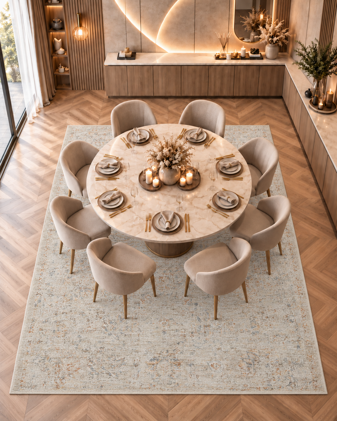 Amber Lewis x Loloi Honora HON-05 Bone Multi Dining Room Overhead Shot — Overhead view of a bone multicolor rug beneath a round dining table.
