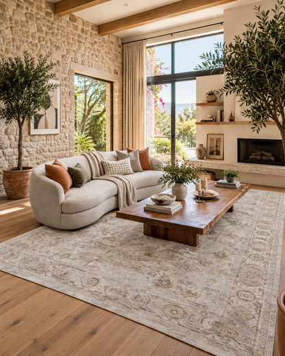 Amber Lewis x Loloi Honora HON-06 Grey Taupe Living Room — Grey taupe traditional rug with a curved cream sofa in a sunlit living room.