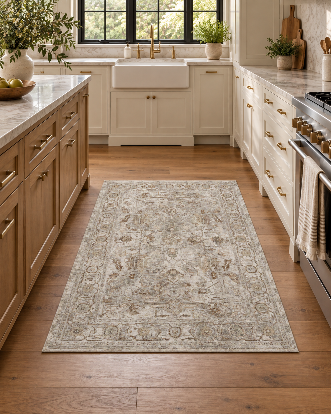 Amber Lewis x Loloi Honora HON-06 Grey Taupe Style Shot — Grey taupe traditional rug in a bright kitchen with wood flooring.