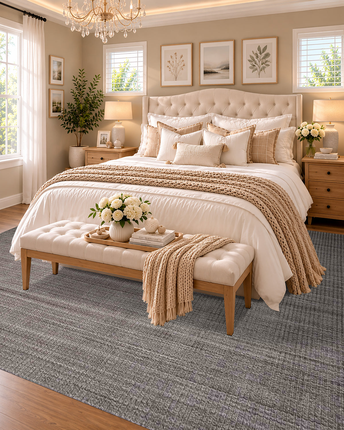 Artisan Carey Brown Bedroom Shot — Textured brown area rug in a bright bedroom with cream bedding and wood furniture.