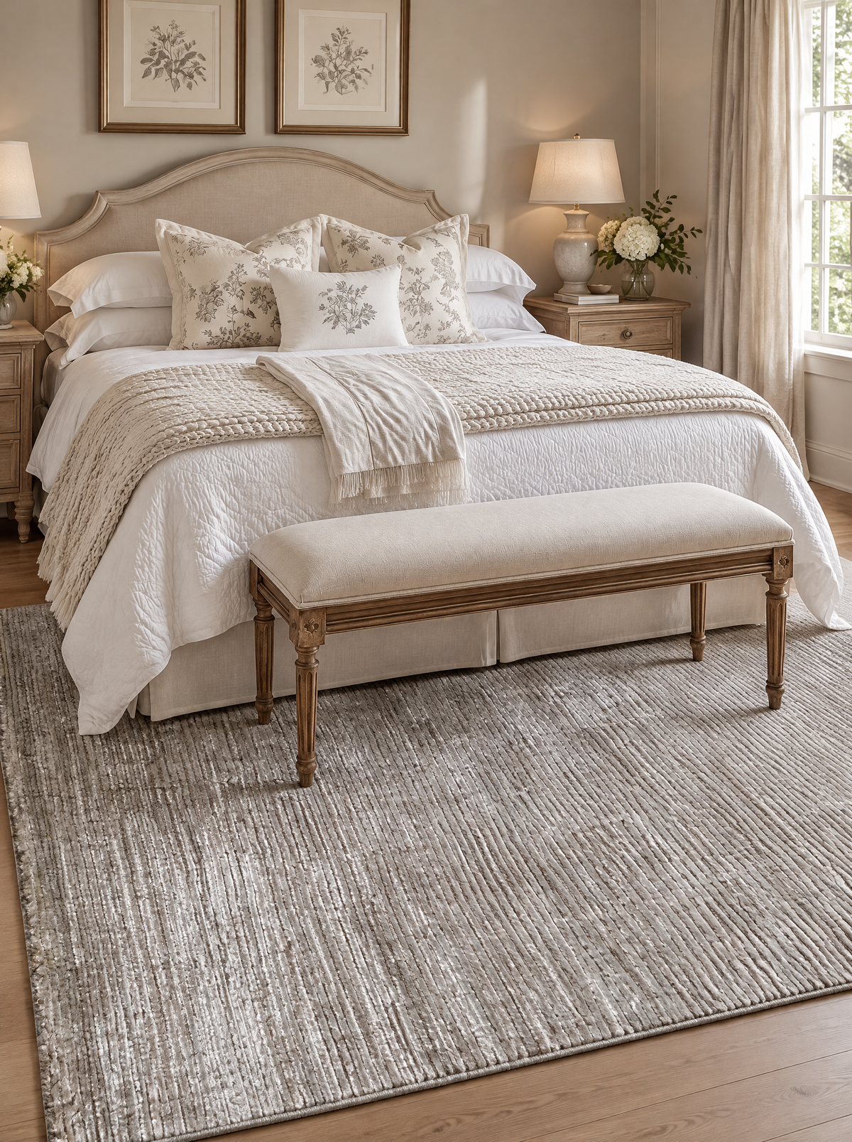 Artisan Carey Brown Bedroom Shot — Brown and ivory textured rug in a neutral bedroom with white bedding and wooden furniture.