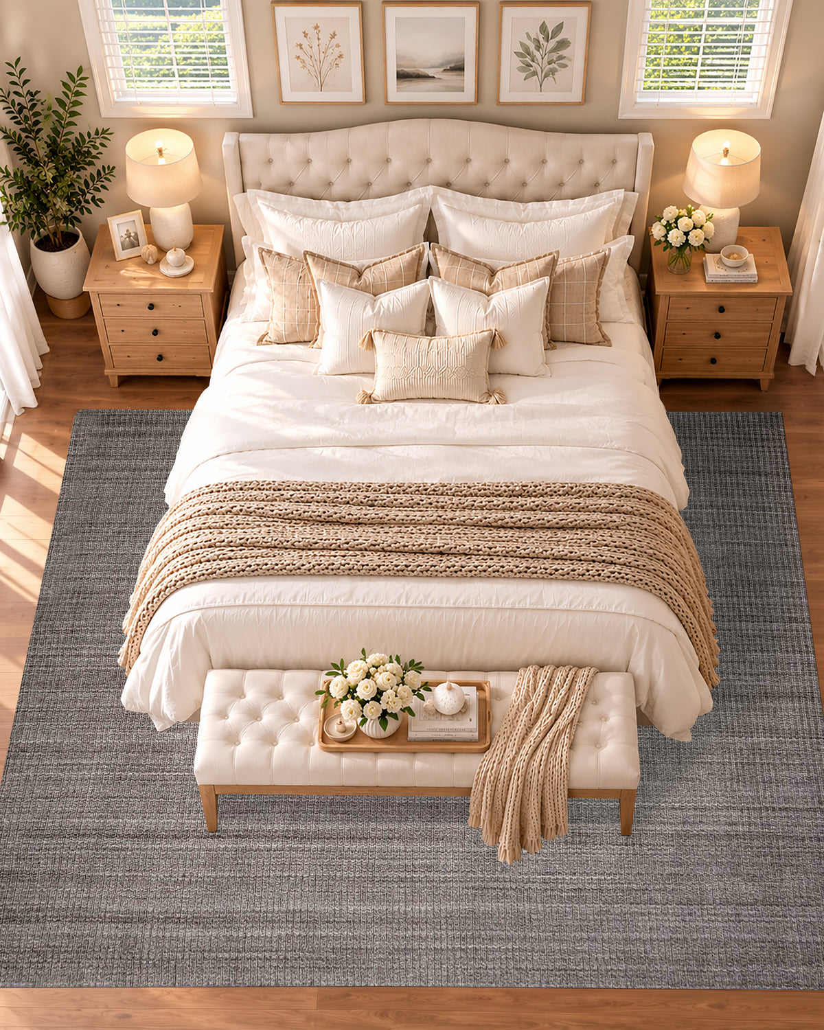 Artisan Carey Brown Bedroom Overhead Shot — Overhead view of a textured brown rug beneath a cream bed and upholstered bench.