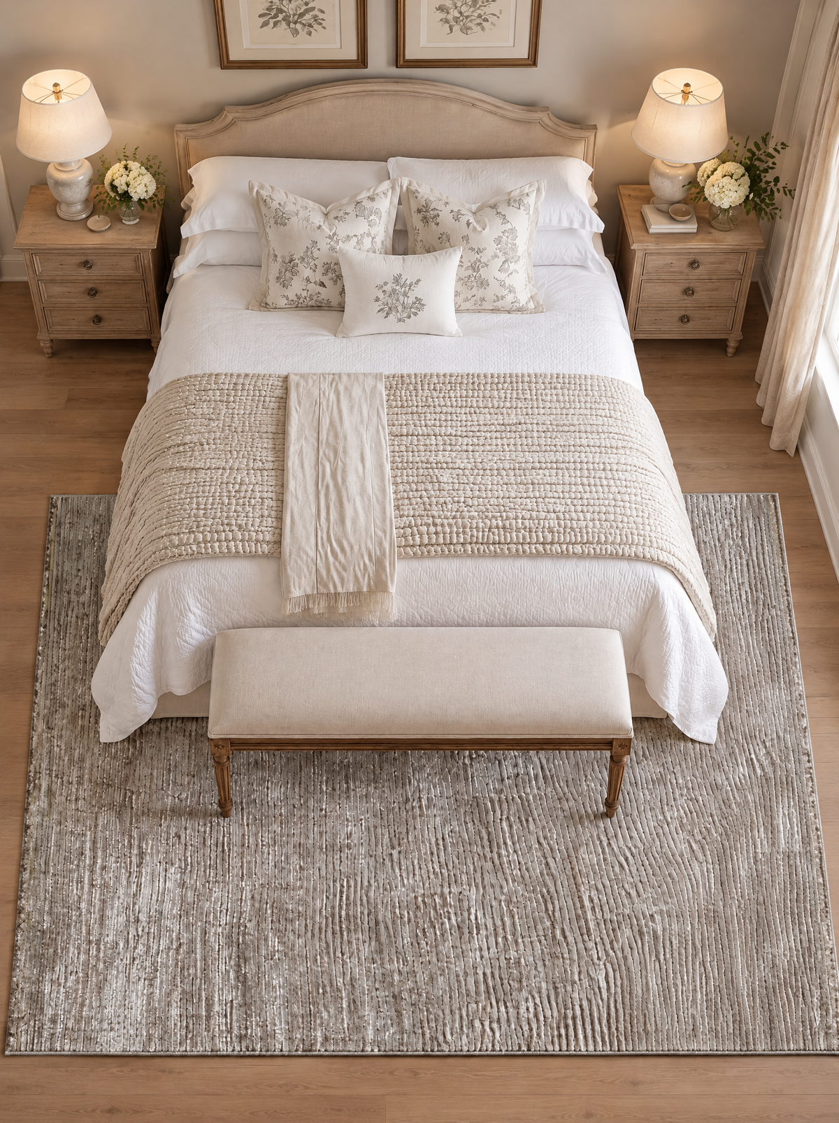 Artisan Carey Brown Bedroom Overhead Shot — Overhead view of a textured brown rug beneath a white bed and upholstered bench.