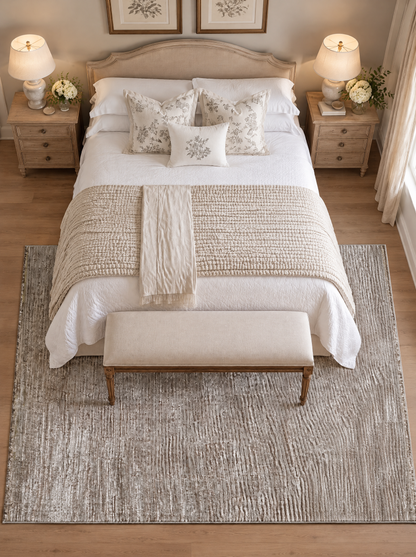 Artisan Carey Brown Bedroom Overhead Shot — Overhead view of a textured brown rug beneath a white bed and upholstered bench.
