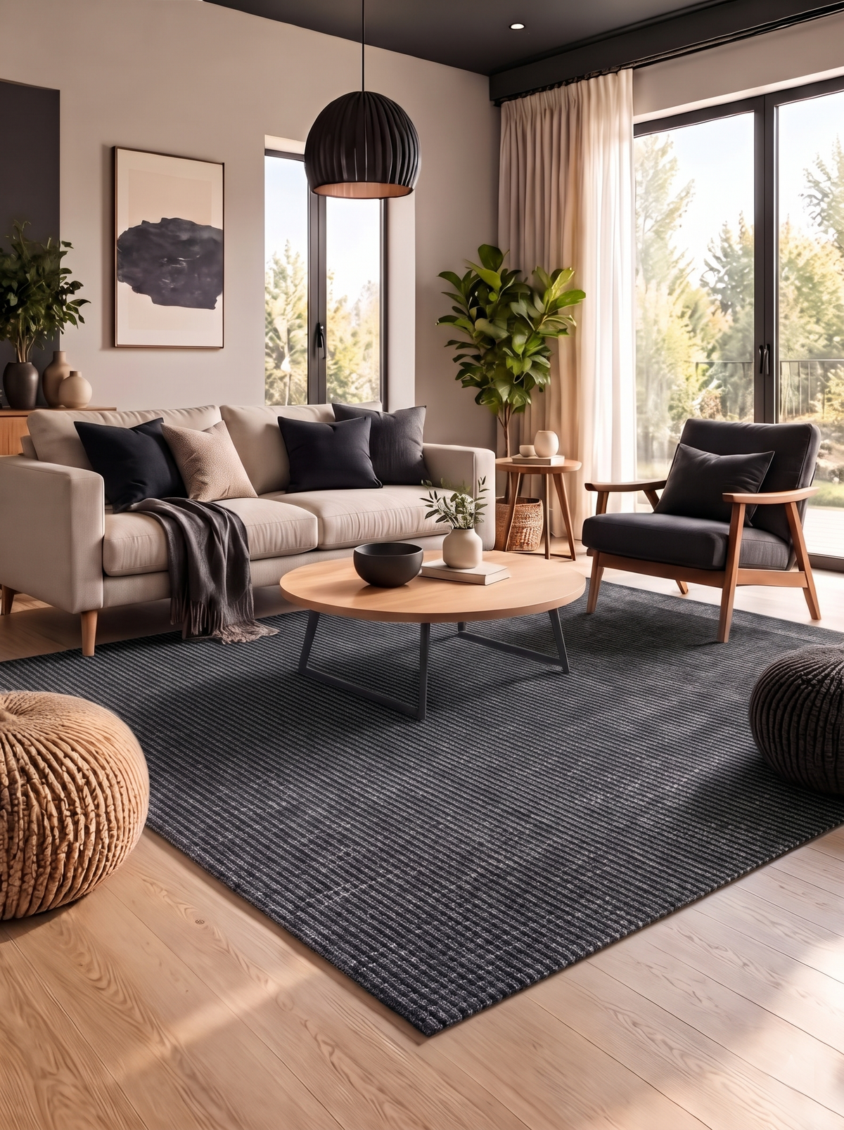 Artisan Carey Charcoal Living Room Shot — Textured charcoal rug in a modern living room with cream and charcoal seating.