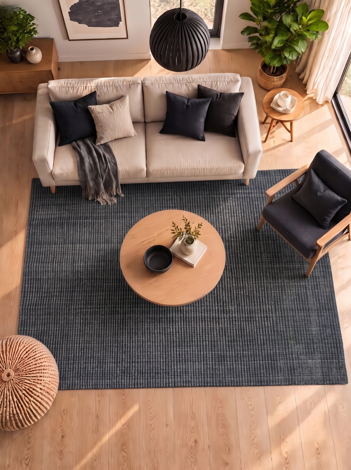 Artisan Carey Charcoal Living Room Overhead Shot — Overhead view of a charcoal striped rug beneath a round wooden coffee table.