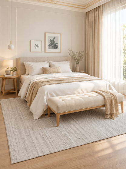 Artisan Eco Weave Beige Bedroom Shot — Textured beige area rug beneath a cream bed in a sunlit bedroom.