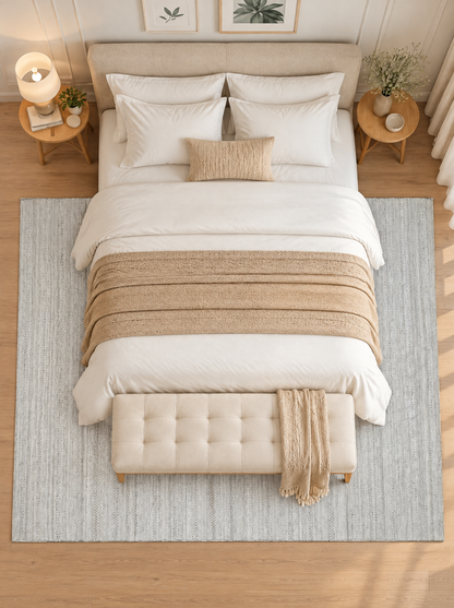 Artisan Eco Weave Beige Bedroom Overhead Shot — Overhead view of a textured beige area rug beneath a bed in a neutral bedroom.