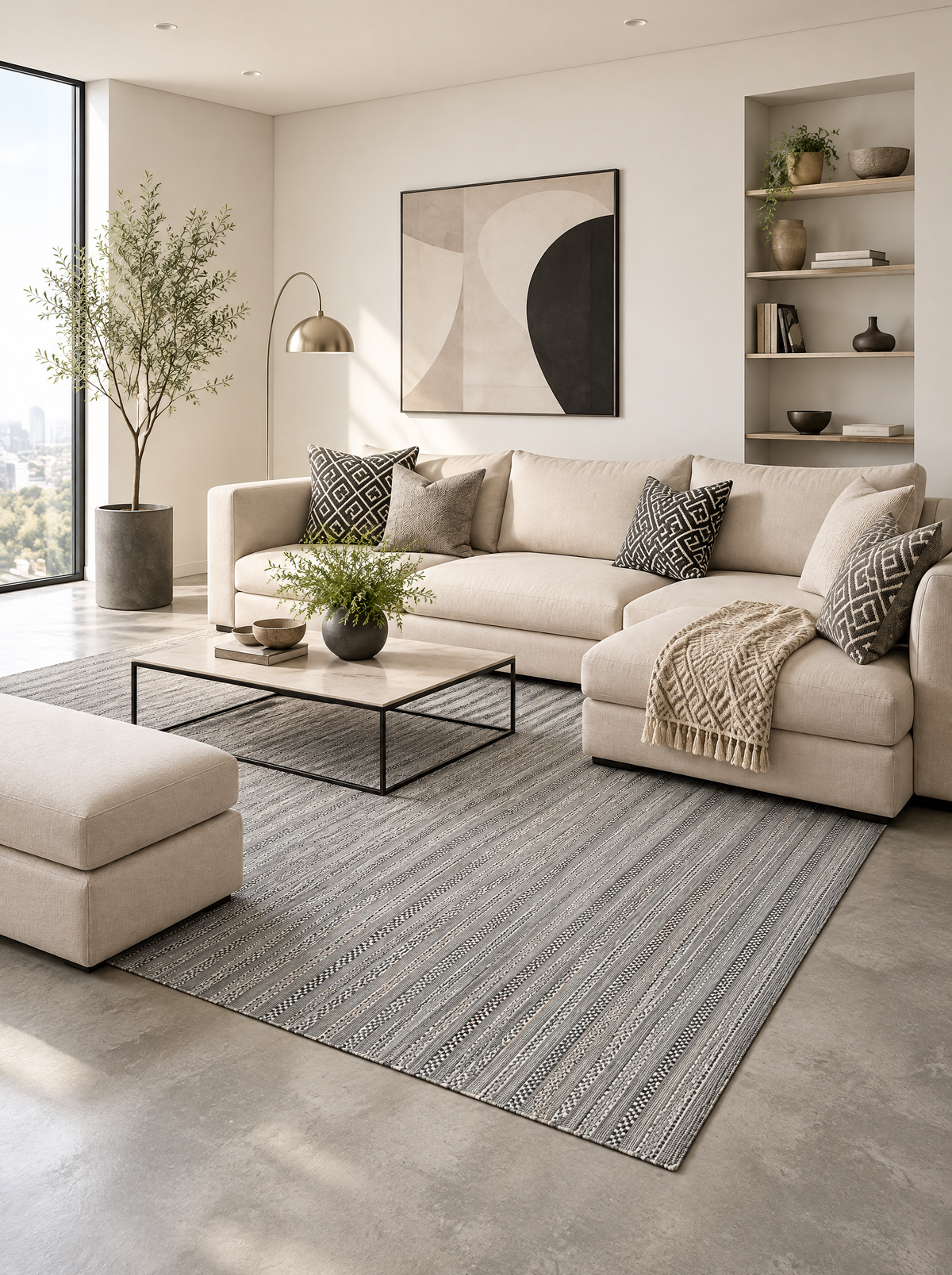 Artisan Eco Weave Dark Taupe Living Room Shot — Textured dark taupe area rug in a modern living room with a cream sectional.