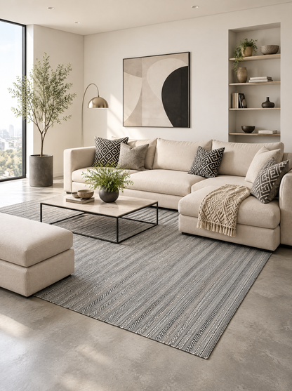 Artisan Eco Weave Dark Taupe Living Room Shot — Textured dark taupe area rug in a modern living room with a cream sectional.