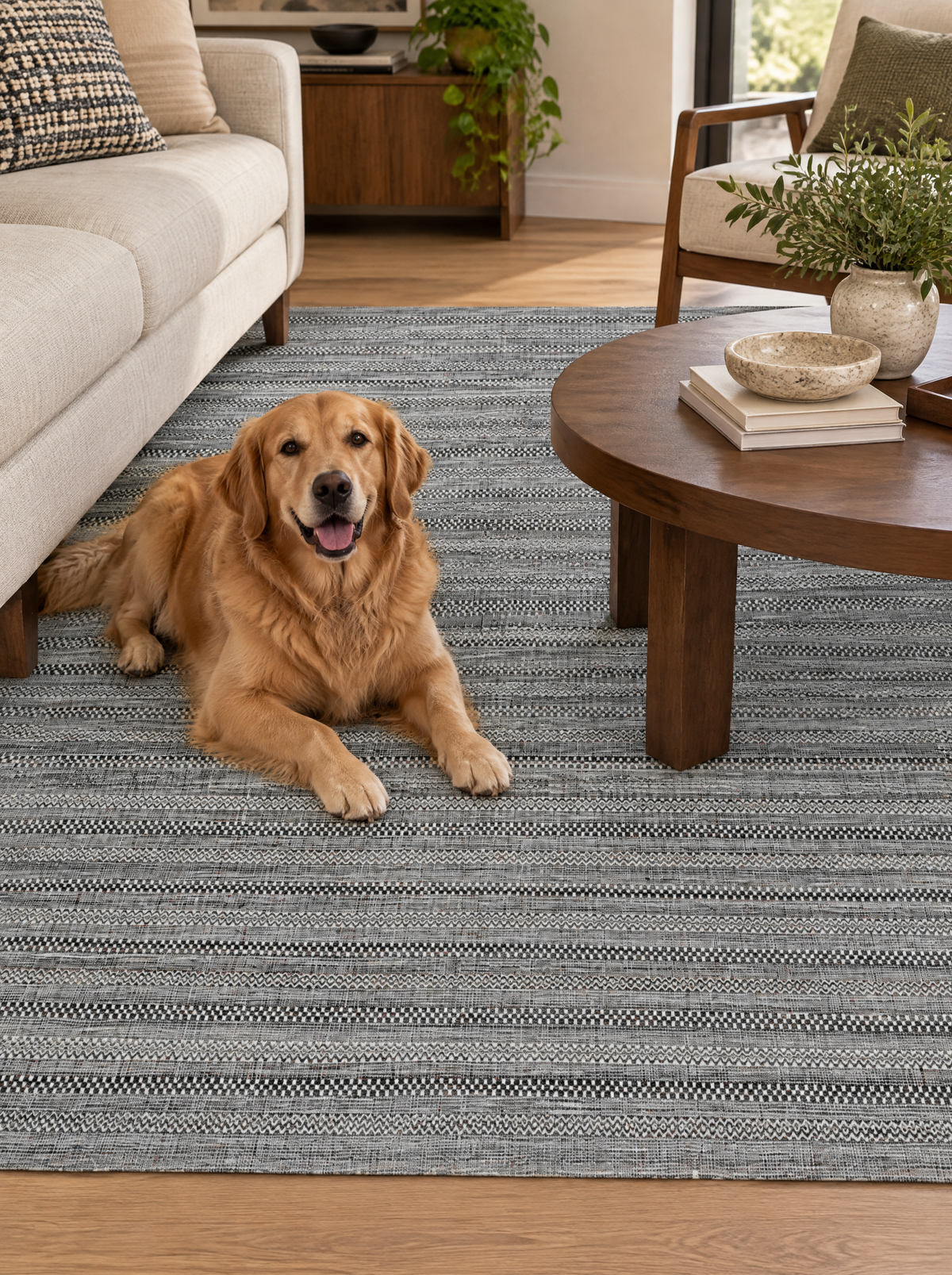 Artisan Eco Weave Dark Taupe Style Shot — Textured dark taupe area rug with a golden retriever beside a round coffee table.
