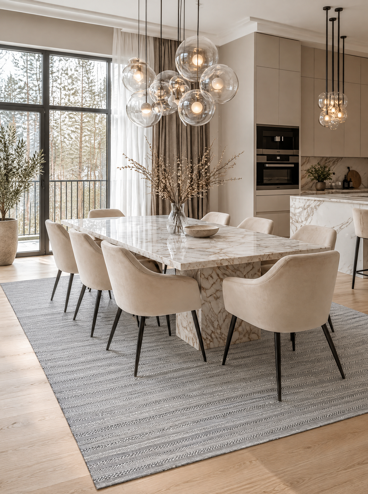 Artisan Eco Weave Grey Dining Room Shot — Textured grey area rug anchoring a bright dining room with a marble table.