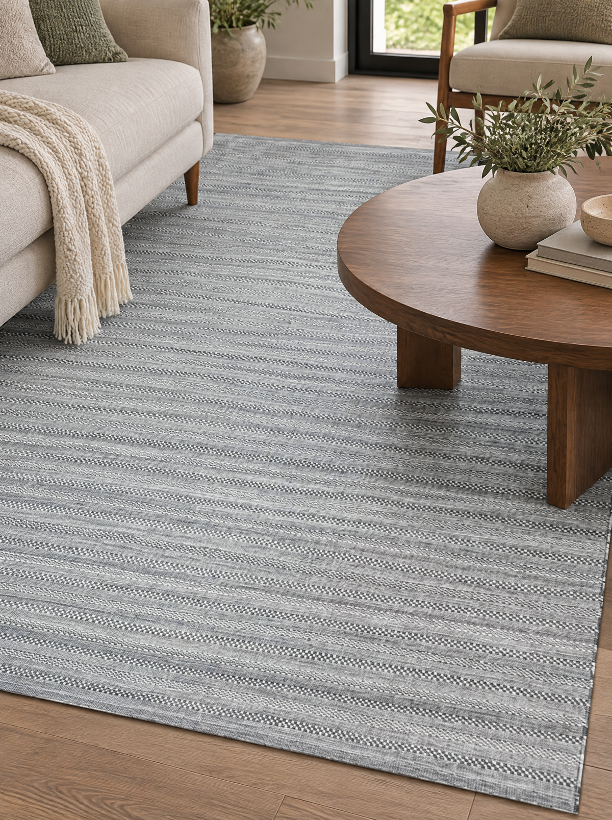 Artisan Eco Weave Grey Style Shot — Close view of a textured grey area rug beside a cream sofa and round wooden coffee table.