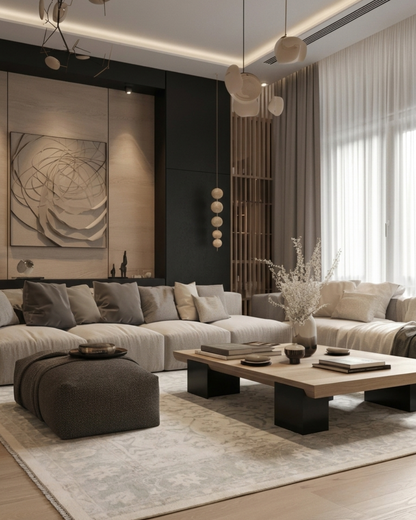 Artisan Emma Cream Living Room Shot — Subtly patterned cream area rug beneath a coffee table beside a sectional sofa.